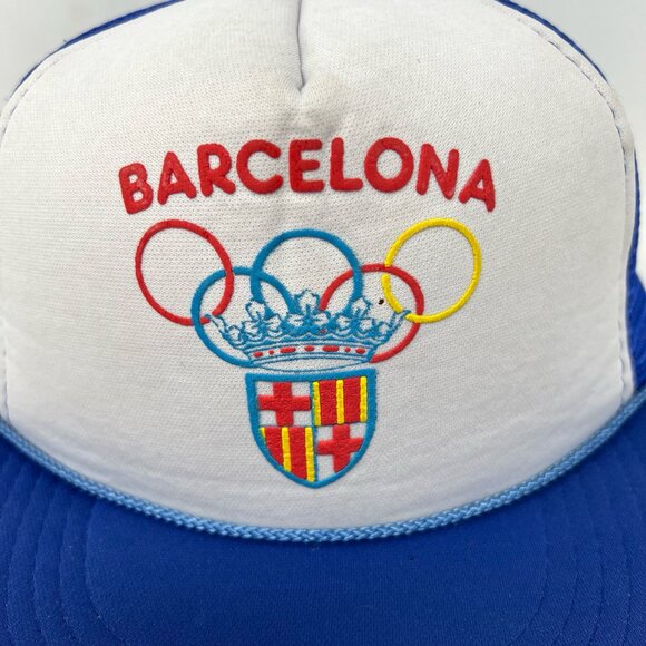 Vintage Barcelona Olympics 1992 Mesh Trucker Hat Snapback Cap White Foam Blue - Picture 2 of 8